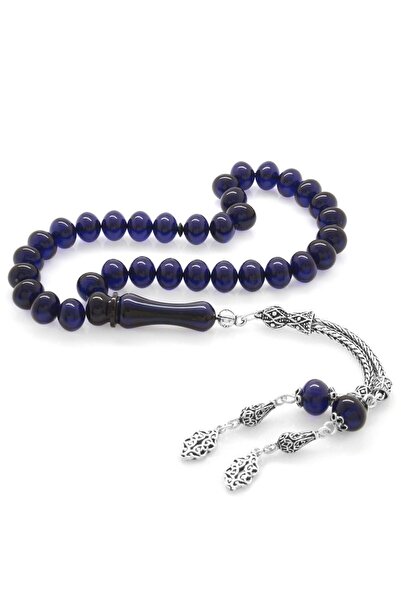 Tesbihane Ασημένιο 925 με φούντα κομμένο σε τροχό σχήμα, μπλε ναυτικό κεχριμπάρι, χάντρες προσευχής