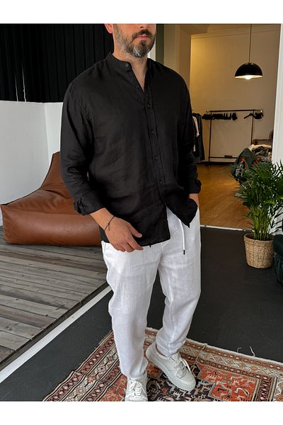 BYBASICMAN Black Judge Collar Raw Linen Shirt G-5252