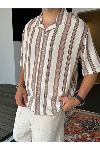 BYBASICMAN Coffee Pattern Striped Short Sleeve Shirt V-40-941