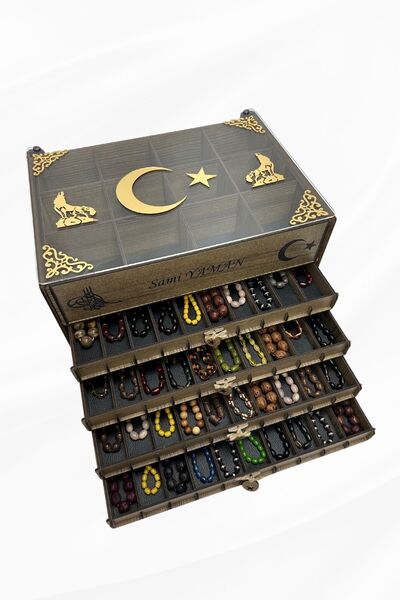 Yaman Hediyelik Kişiye Özel Cam Kapaklı Ahşap Tesbih Ve Saat Koleksiyon Kutusu Tespih Kutusu 4+1 (40 TESBİH,12 SAAT)