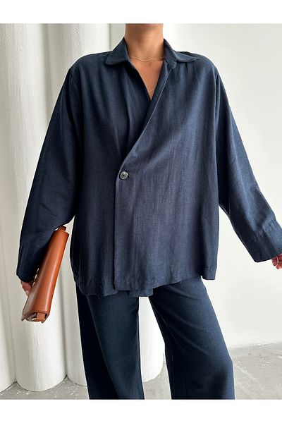 Laluvia Marineblaues, zweireihiges, geknöpftes Kimono-Hosen-Set aus 100 % Baumwolle
