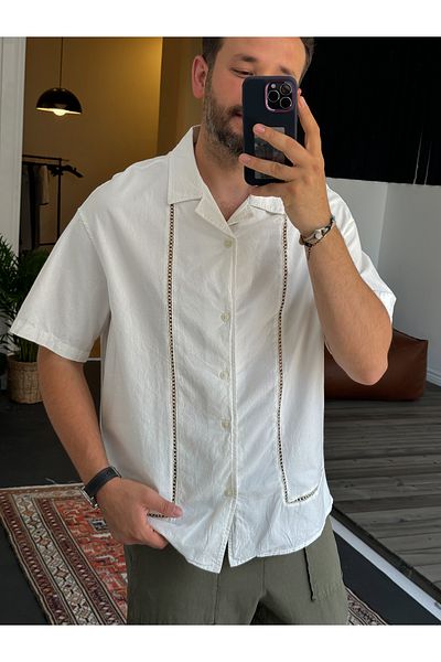 BYBASICMAN Ecru Knitted Embroidered Short Sleeve Shirt V-40-821