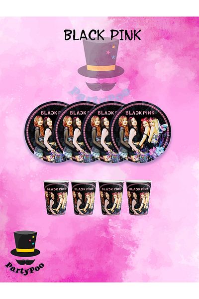 PartyPoo Blackpink Themed Set of 8 Plates and Cups |   Birthday Party Ornament and Decoration