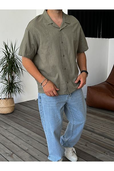BYBASICMAN Khaki Diamond Embroidered Short Sleeve Shirt V-40-875