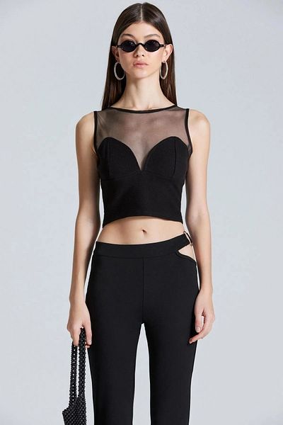 World Fashion Trends WFT2503 Crop negru legat cu detaliu din tul