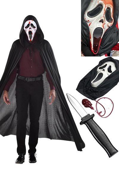 Parti dolabı Halloween 120cm Black Hooded Cloak Scream Effect Mask and Prank Knife Set - Halloween Party