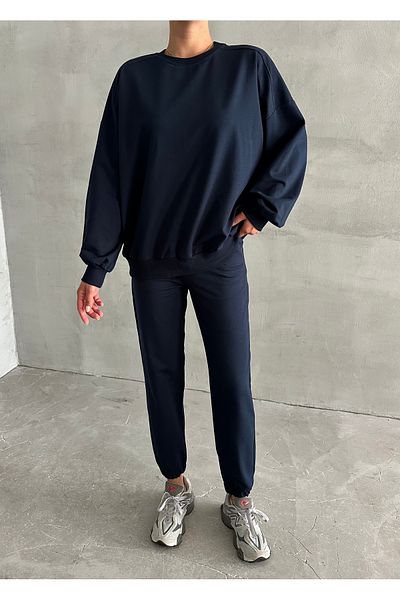 Laluvia Navy Blue Riven Long Sleeve Elastic Leg Set