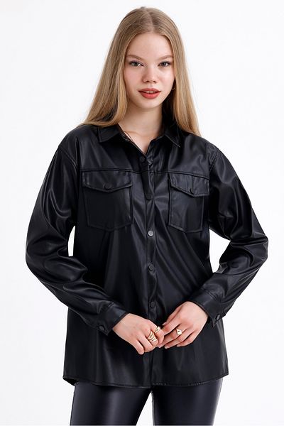 MD trend Cămașă oversize din piele cu buzunar dublu pentru femei, cu închidere cu apăsare