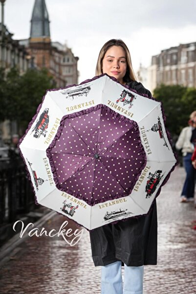 VANCKEY Istanbul Figürlü 8 Telli Manuel Rüzgara Dayanıklı Kadın Şemsiyesi