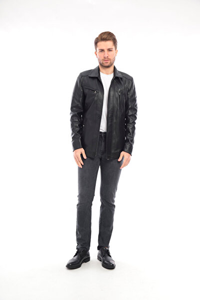 Tarz Erkek Siyah Hakiki Deri Biker Ceket