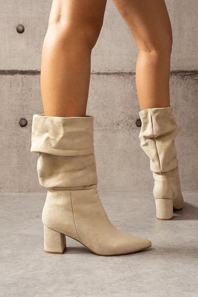 ShoeTek Γυναικείες μπότες Beige Suede Lasmina - Χοντρό τακούνι και φυσούνα