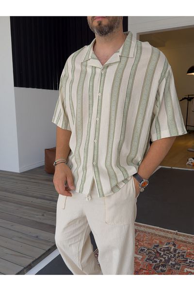 BYBASICMAN Green Pattern Striped Short Sleeve Shirt V-40-941