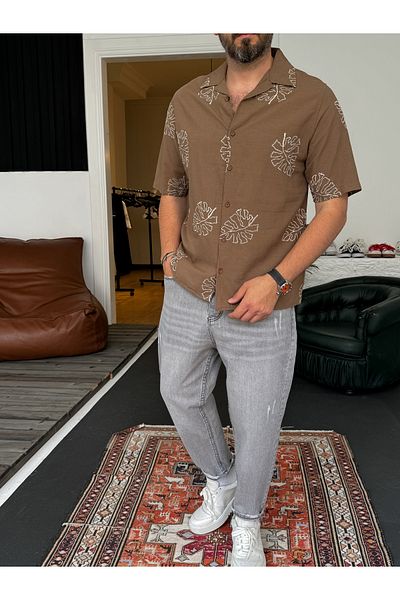 BYBASICMAN Brown Leaf Embroidered Shirt G-5444