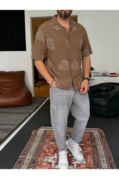 BYBASICMAN Brown Leaf Embroidered Shirt G-5444
