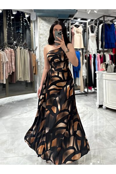 missswans Abel Side Window Asymmetric Cut Single Sleeve Long Dress Brown