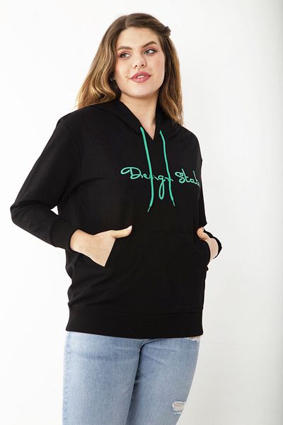 Şans Women's Large Size Black Hooded Kangaroo Pocket Sweatshirt 65N37184