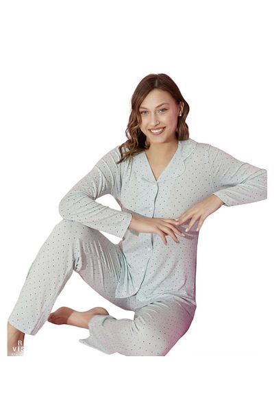 ROYAM Set de pijamale de damă din viscoză de culoare mentă - mâneci lungi, nasturi și dantelă 6100-5