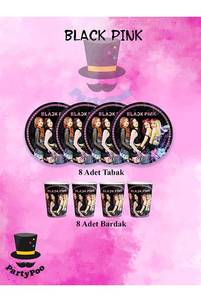 PartyPoo Blackpink Themed Set of 8 Plates and Cups |   Birthday Party Ornament and Decoration