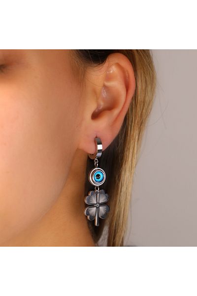 FOURSOLOS Steel Women's Earrings, (Middle Size) Evil Eye Bead Clover, Silver Color, No:78