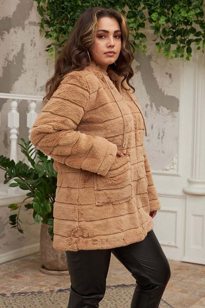 RMG Large Size Long Plush Coat with Pocket Detail