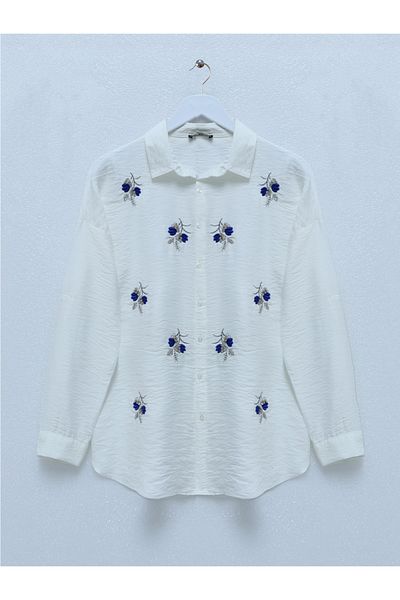 Modamorfo Cămașă cu broderie cu frunze de piatră ecru - cu nasturi