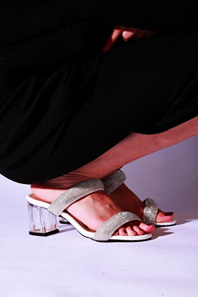 UYEGE Utilizare zilnică Papuci cu toc alb de piatră cu toc transparent