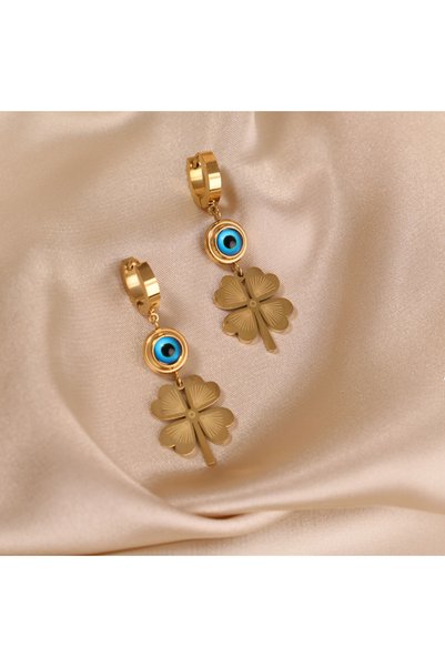 FOURSOLOS Steel Women's Earrings, (Middle Size) Evil Eye Bead Clover, Gold Color, No:77