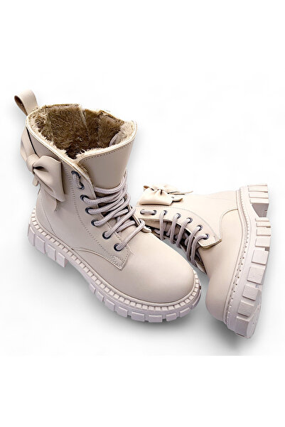 BEEBRON Kürklü Kız Çocuk Çizmesi, Fermuarlı Postal, Çocuk Botu Fyn S2301 Krem