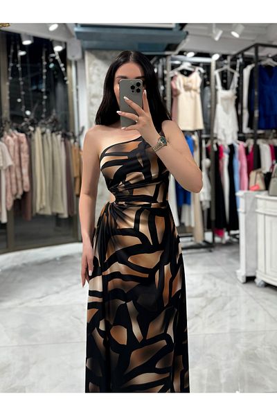 missswans Abel Side Window Asymmetric Cut Single Sleeve Long Dress Brown