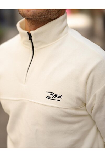 Valiberta Premium Half Zipper Fleece Sweatshirt - Ecru