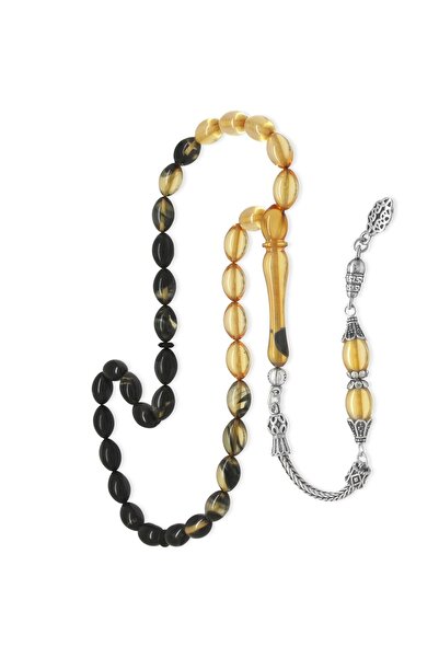 Tesbihane Erkek 925 Ayar Gümüş Tek Püsküllü Arpa Kesim Süzme Siyah Ateş Kehribar Tesbih