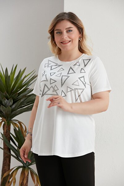 SERTUĞ Plus Size Geometric Stone Detailed Ecru Blouse
