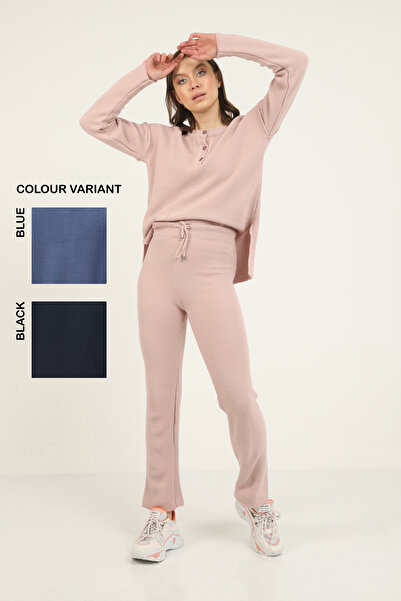 Blue Petrol Women's Crew Neck Buttoned Knitwear Set
