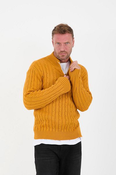 Valiberta Hair Braided Half Zipper Men's Knitwear Sweater - Mustard
