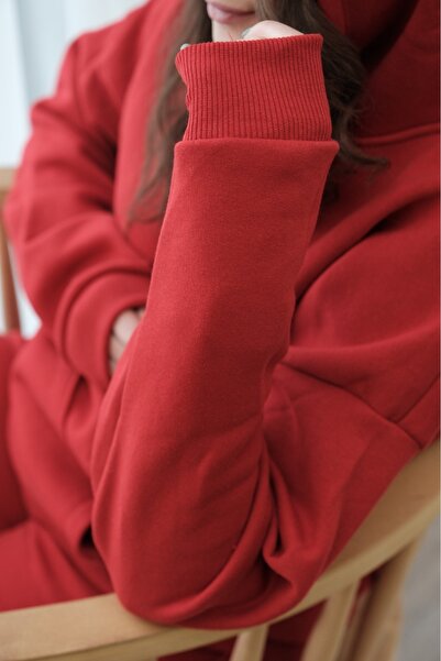 abitso Kadın Oversize Geniş 3 İplik Polarlı Şardonlu %100 Pamuk Kapüşonlu Eşofman Takımı