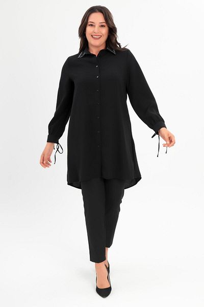 Metpoint Trend42Plus Large Size Collar Baguette Jewelled Black Tunic