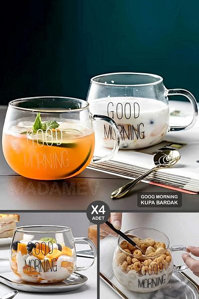Madamev Set of 4 Good Morning Mug Glass Cup Heat Resistant with Handle Style Coffee Presentation Breakfast Milk Cup 350ml