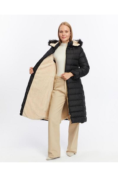 KMKkombin Plus Size Women's Puffer Jacket - Long Padded, Hooded, Furry and Fiber 2066