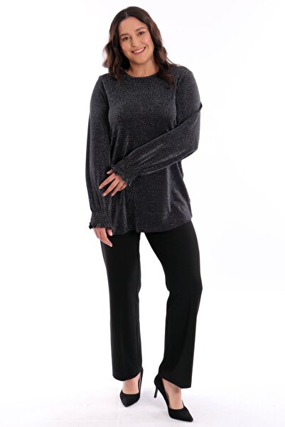 SERTUĞ Trend42plus Μαύρη μπλούζα με μανίκια Gipeli Glitter
