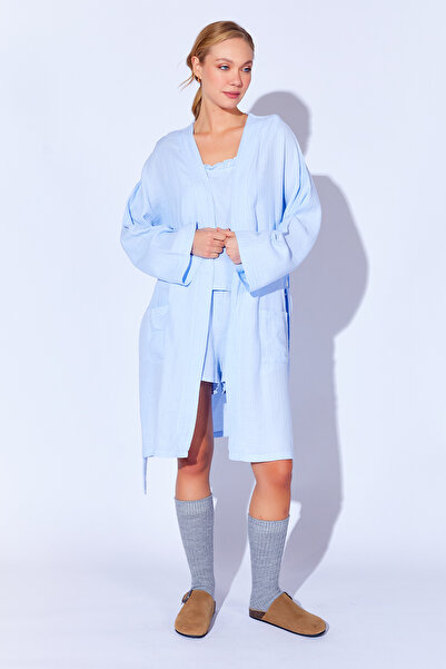 EDITION WOMAN Kimono halat de toaletă de muselină albastră - 100% bumbac organic | Anexă 10009976