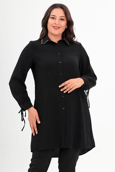 Metpoint Trend42Plus Large Size Collar Baguette Jewelled Black Tunic