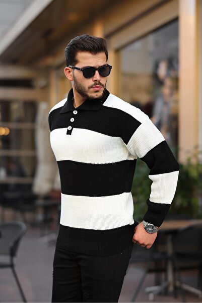 Valiberta Поло з ґудзиками, комір поло, напівоверсайз, смугастий трикотажний светр - чорний