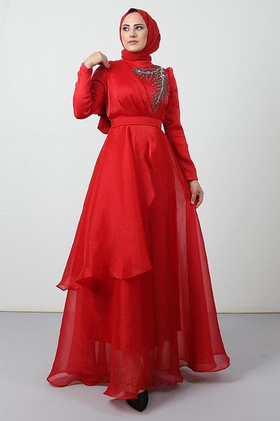 Giza Giyim Stoned Organza Evening Dress Red