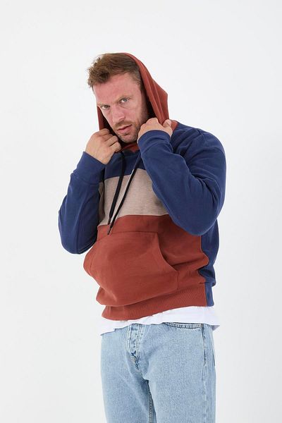 Valiberta Oversize Hooded 3 Color Block Thessaloniki Knitted Men's Sweatshirt - Tile