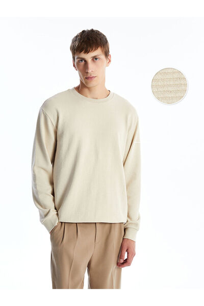 LC Waikiki Bej guler rotund Hanorac texturat pentru bărbați cu mânecă lungă t...