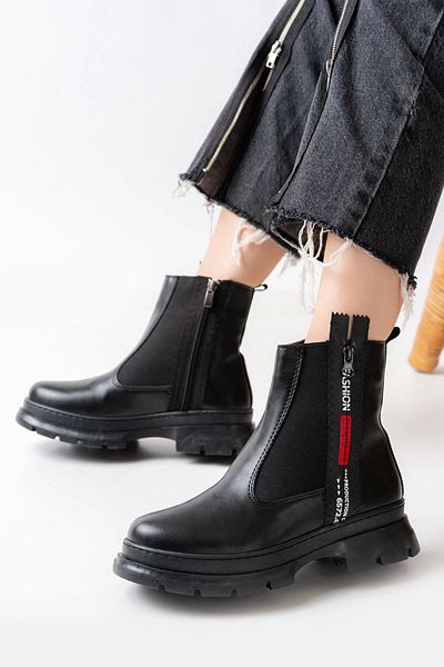 MarjinalTrendim Cizme de damă de zi cu fermoar cu accesorii negre de modă