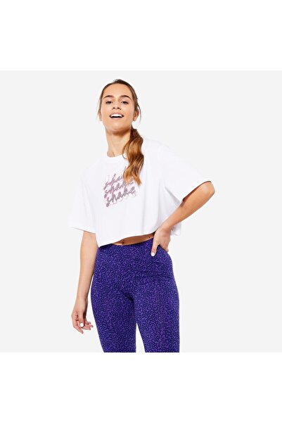 Decathlon Domyos Kadın Beyaz Baskılı Jump Crop Top Tişört