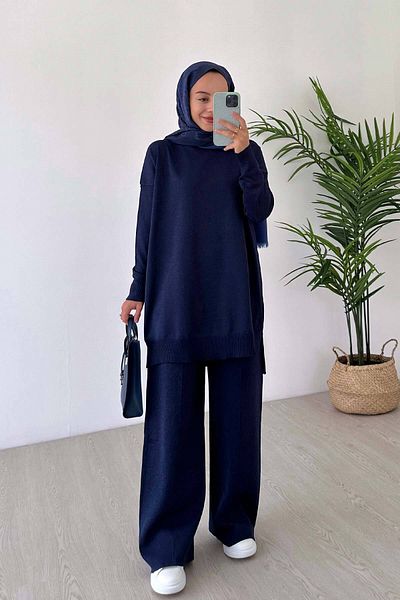 Ka Hijab Sparkling Mercerized Hijab Suit - Navy Blue