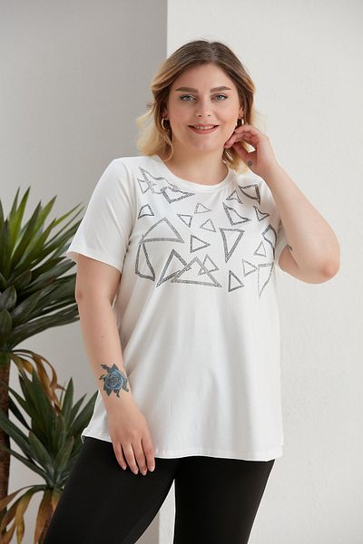 SERTUĞ Plus Size Geometric Stone Detailed Ecru Blouse