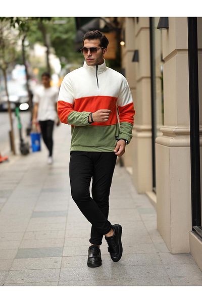 Valiberta Piece Pattern Half Zipper Fleece Sweatshirt - Ecru/orange/khaki